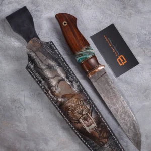 Custom Handmade Knife • Mosaic Damascus • Ironwood • Mokume Bolster