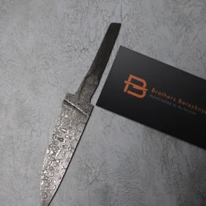 Hand-forged Damascus steel blade made from U8A, ShKh-15, 5KhNMA, and 45 steel – 85 mm length, etched finish