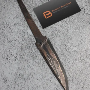 Hand-forged San Mai blade with 9ХФ core and etched layered cladding. Exceptional hardness, unique pattern, perfect for custom knives.