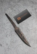 Hand-forged San Mai blade with 9ХФ core and etched layered cladding. Exceptional hardness, unique pattern, perfect for custom knives.