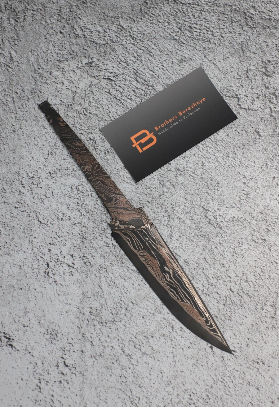 IMG_0078 Hand-forged San Mai blade with 9ХФ core and etched layered cladding. Exceptional hardness, unique pattern, perfect for custom knives.