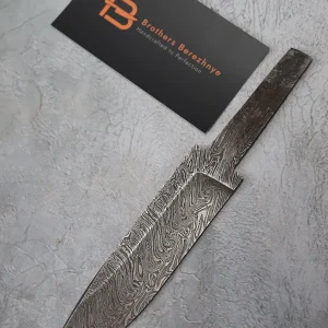 Hand-forged Damascus steel blade made from U8A, ShKh-15, 5KhNMA, and 45 steel – 85 mm length, etched finish